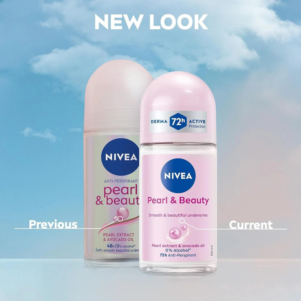 Refect Beauty Nivea Pearl & Beauty anti-perspirant roll-on showing previous and current packaging designs