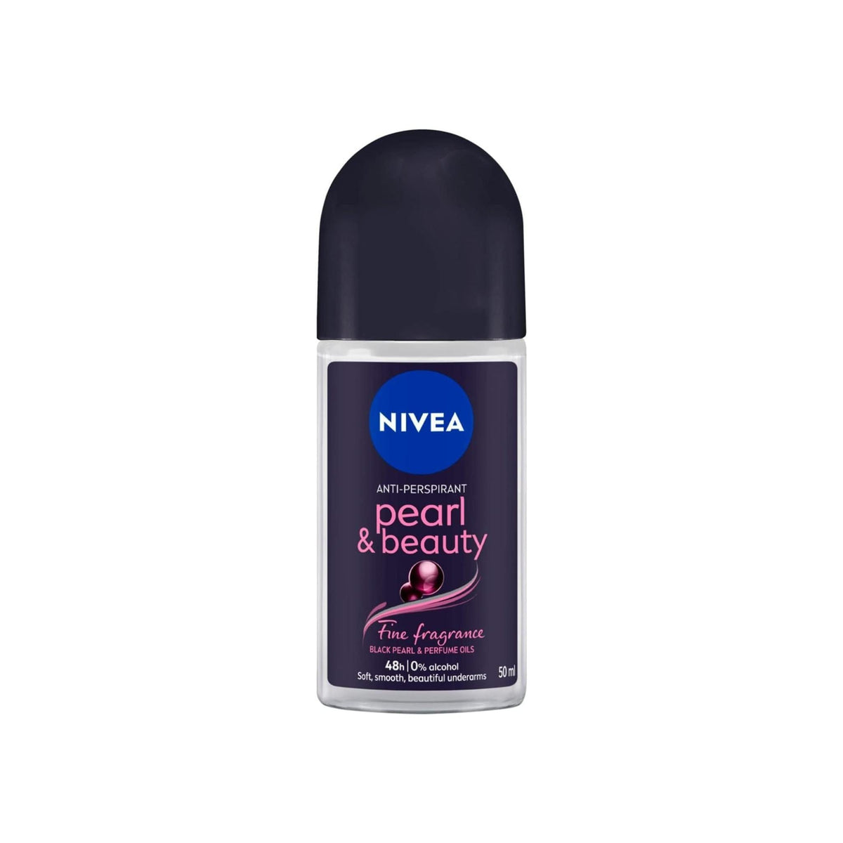 Refect Beauty Nivea Pearl & Beauty anti-perspirant roll-on with black pearl essence in a 50ml clear bottle