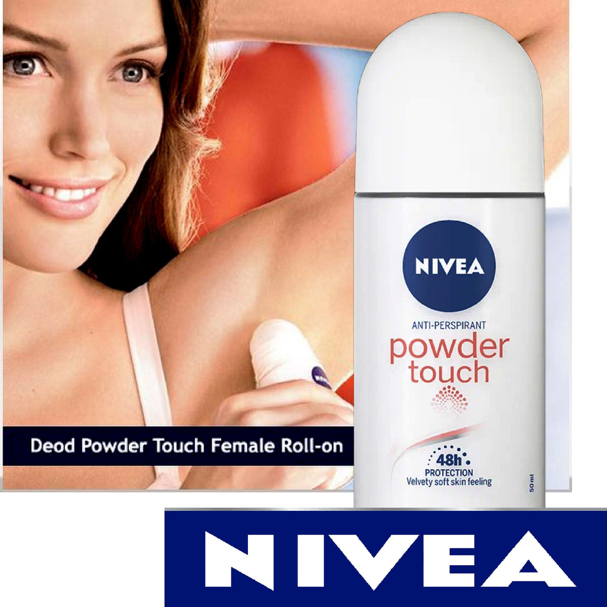 Refect Beauty Nivea Powder Touch roll-on deodorant for women providing 48-hour protection with a soft powdery finish