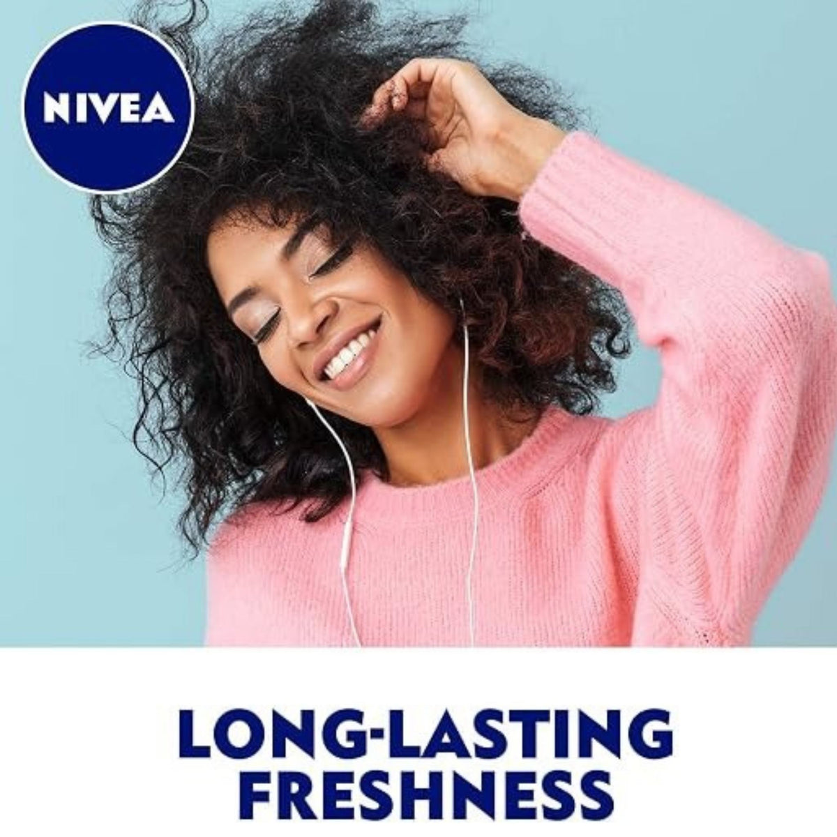 Refect Beauty Nivea Protect & Care deodorant ad featuring a smiling woman in a pink sweater against a blue background