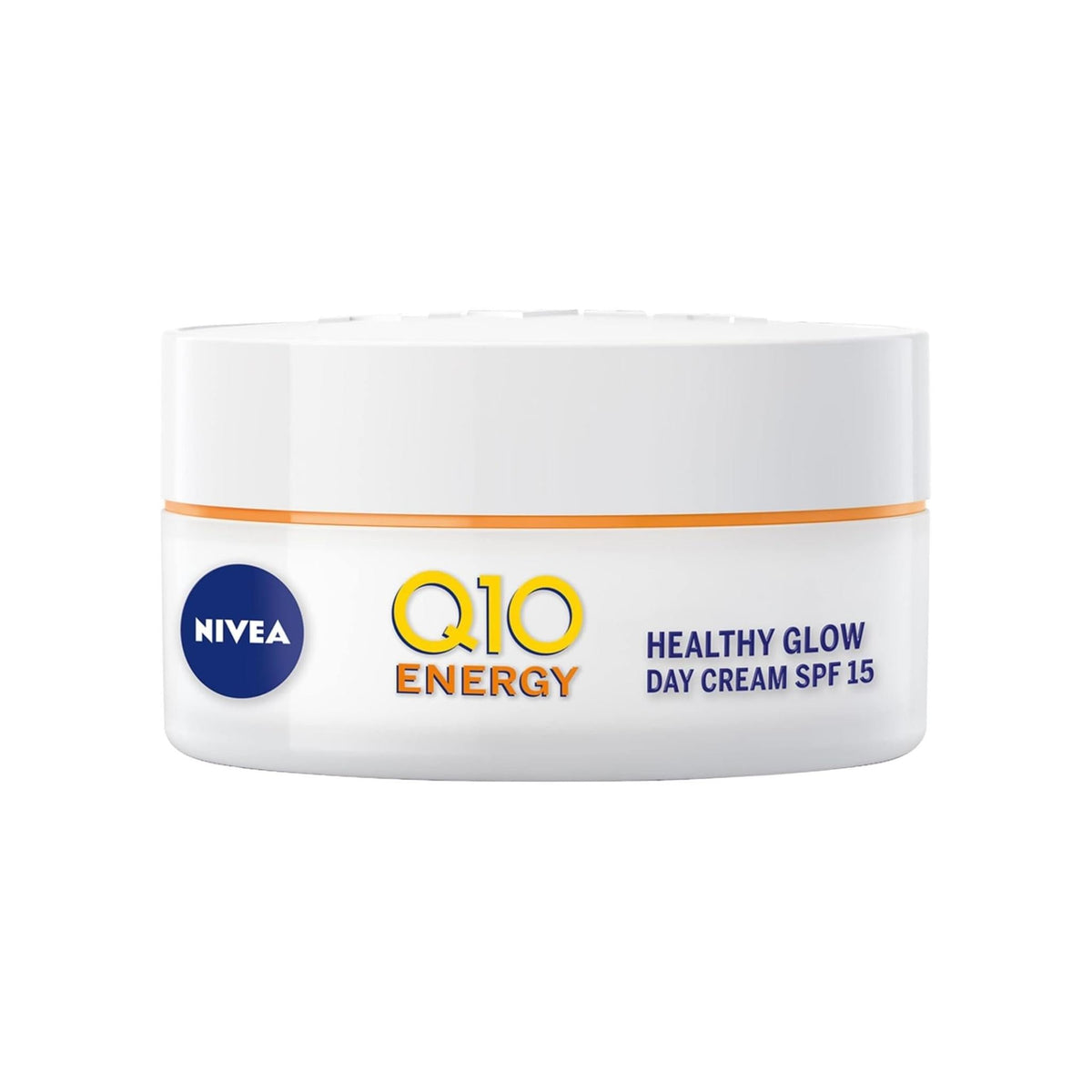 Refect Beauty Nivea Q10 Energy Healthy Glow Day Cream SPF 15 in a white jar with orange accents