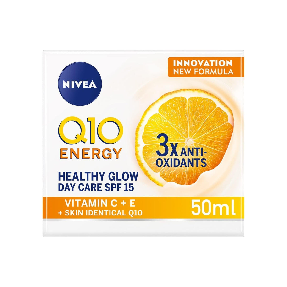 Refect Beauty Nivea Q10 Energy Healthy Glow Day Care SPF 15 cream box with orange slice graphic and vitamin formula
