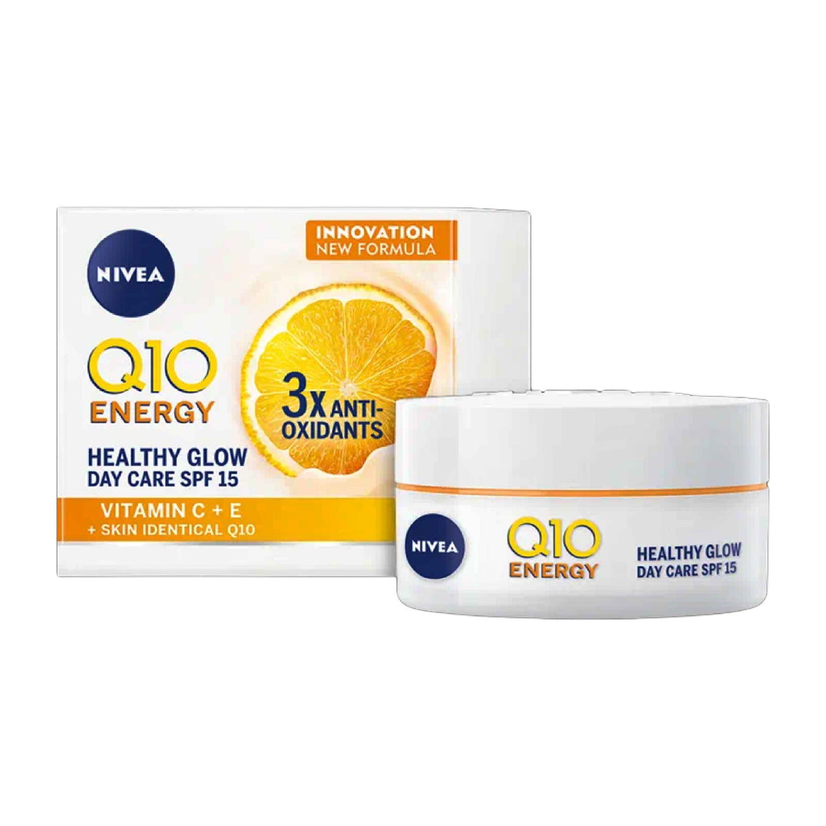 Refect Beauty Nivea Q10 Energy Healthy Glow Day Care SPF 15 cream jar and packaging box with orange citrus graphic