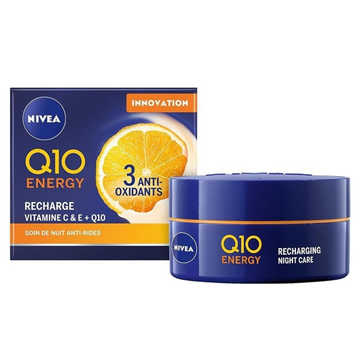 Refect Beauty Nivea Q10 Energy Recharging Night Cream jar and box with orange slice graphic for antioxidant care