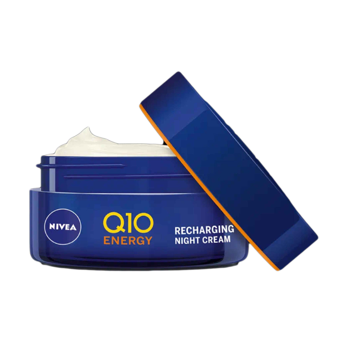 Refect Beauty Nivea Q10 Energy Recharging Night Cream in a blue jar with an open lid showing white moisturizing cream