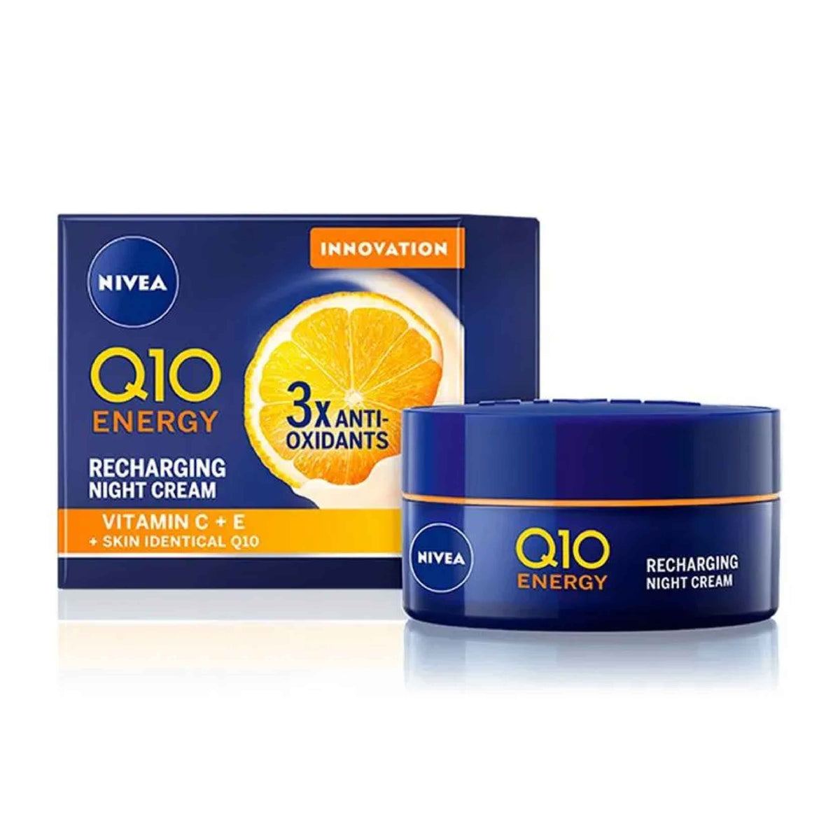 Refect Beauty Nivea Q10 Energy Recharging Night Cream in a dark blue jar with orange accents and citrus imagery.