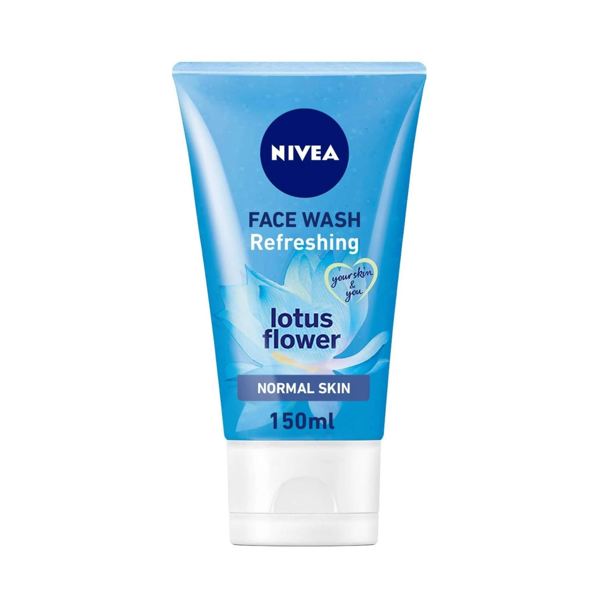 Refect Beauty Nivea Refreshing Face Wash gel for normal skin in a 150ml blue tube with lotus flower design.