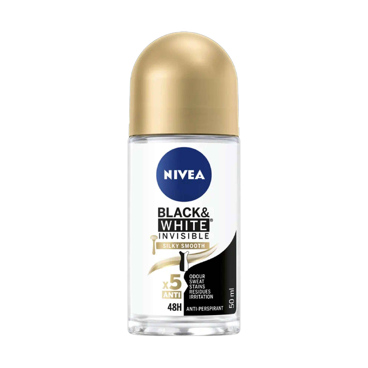 Refect Beauty Nivea Black & White Silky Smooth anti-perspirant roll-on with a gold cap and 48-hour protection.
