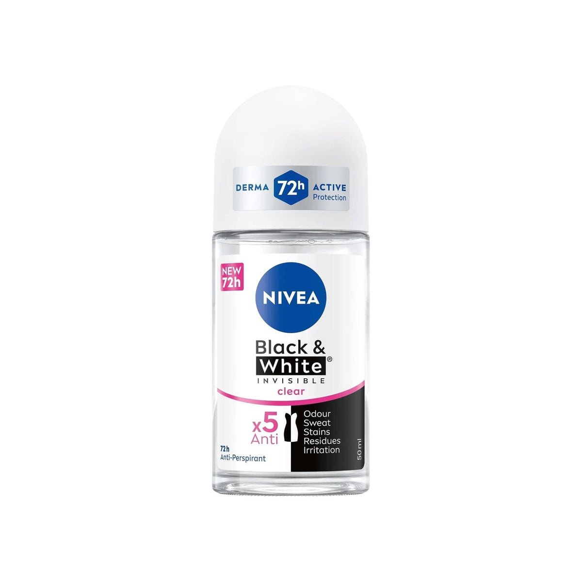 Refect Beauty Nivea Black & White Invisible Clear roll-on anti-perspirant for 72-hour sweat and stain protection.