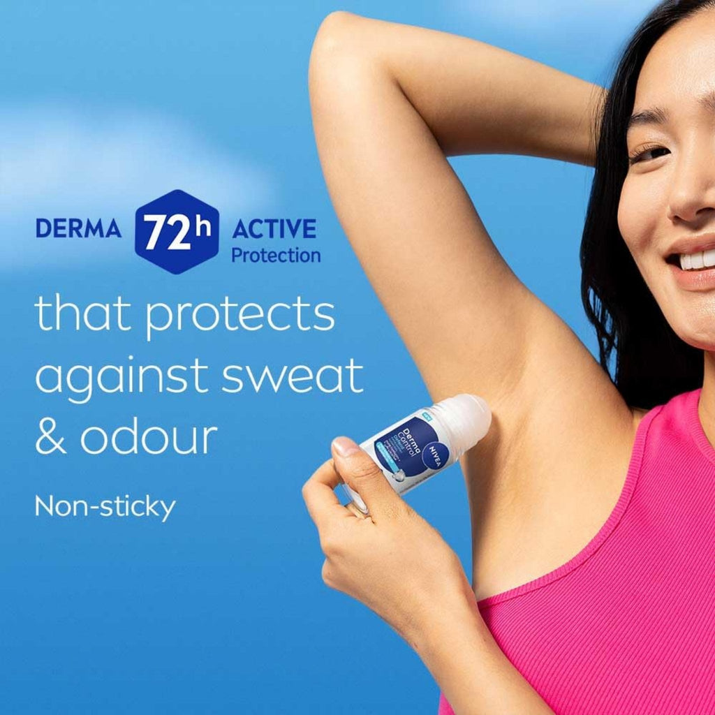 Refect Beauty woman applying Nivea Derma Control roll-on deodorant to her underarm for 72h sweat and odor protection