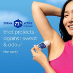 Refect Beauty woman applying Nivea Derma Control roll-on deodorant to her underarm for 72h sweat and odor protection