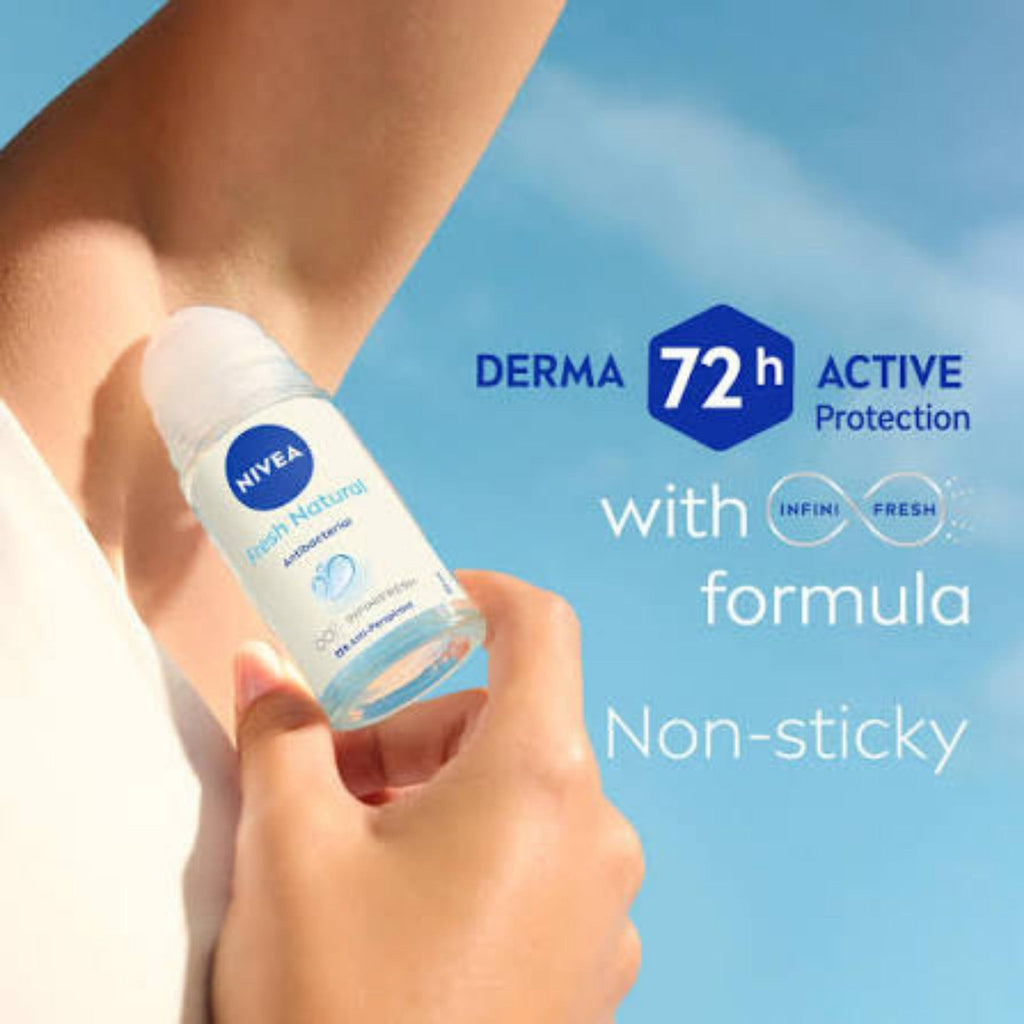Refect Beauty Nivea Fresh Natural roll-on deodorant being applied to underarm for 72-hour active protection