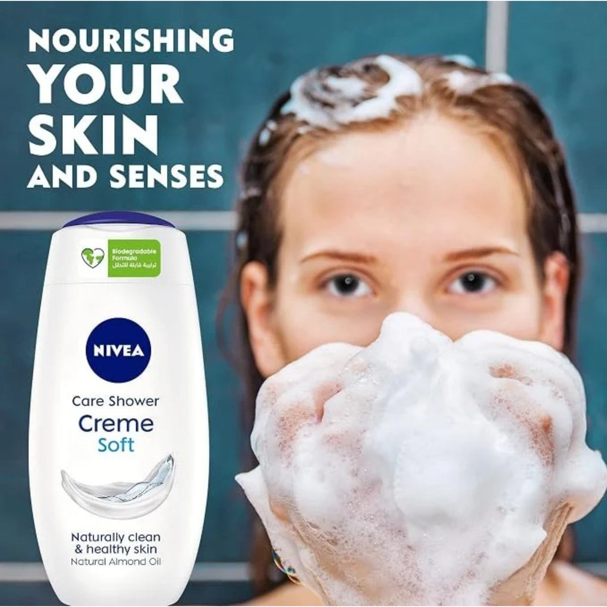 Refect Beauty Nivea Rose and Almond Oil shower cream bottle next to a woman holding a handful of rich white lather