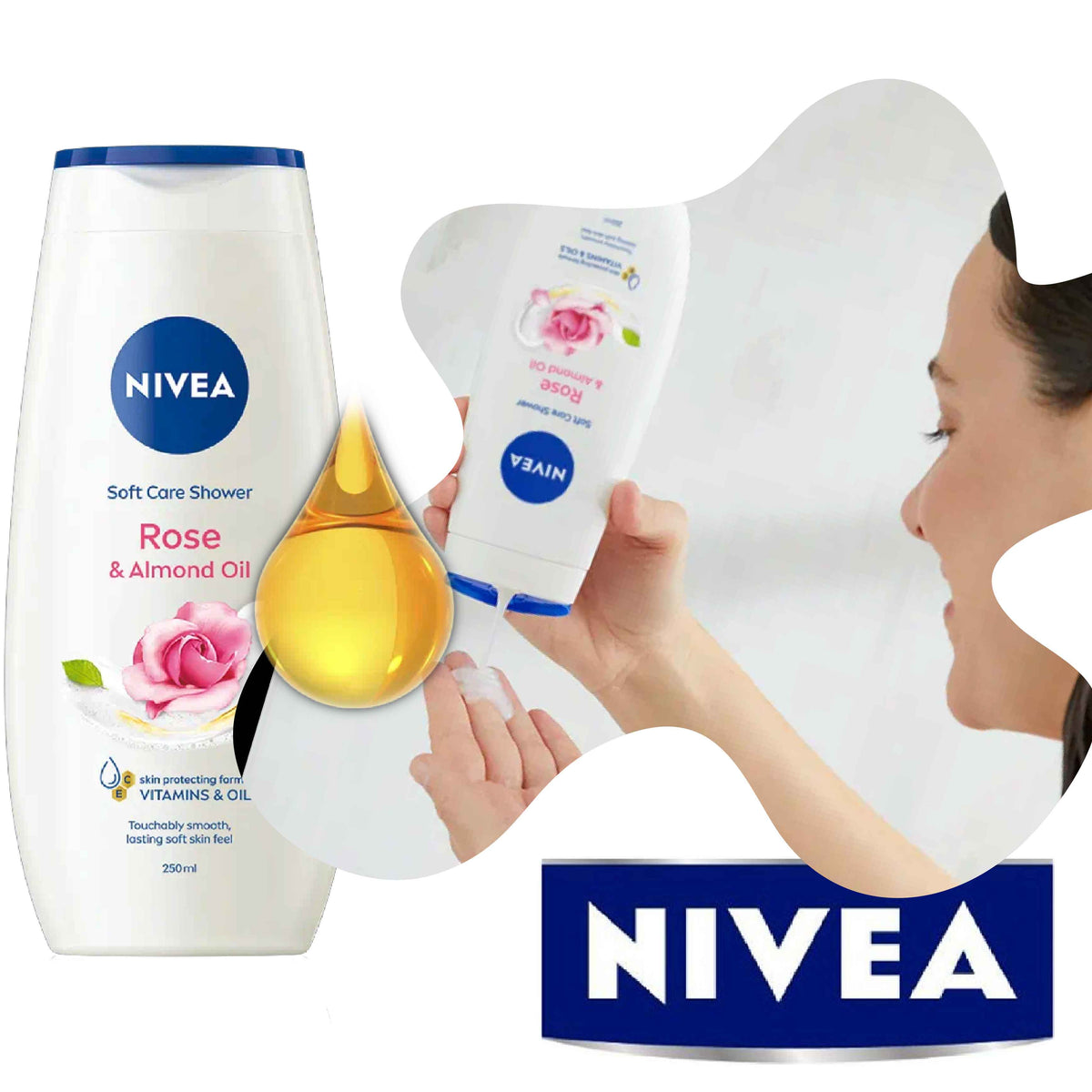 Refect Beauty Nivea Rose & Almond Oil Shower Cream bottle with a woman applying the nourishing body wash