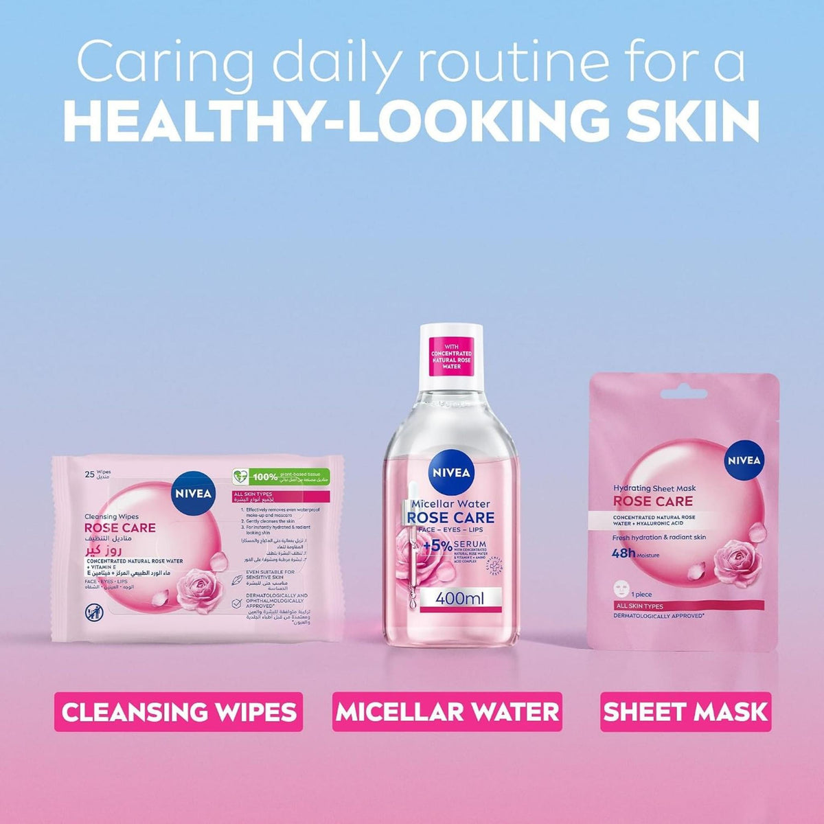Refect Beauty Nivea Rose Care skincare set featuring cleansing wipes, micellar water, and a hydrating sheet mask.