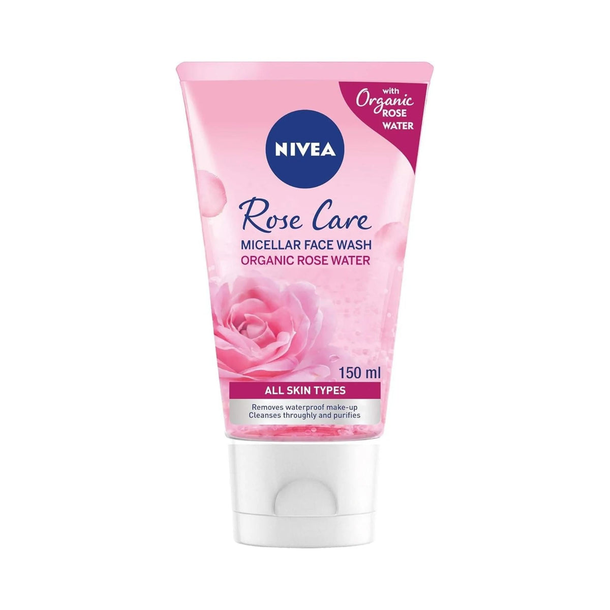 Refect Beauty Nivea Rose Care micellar face wash in a pink 150ml tube with organic rose water for all skin types