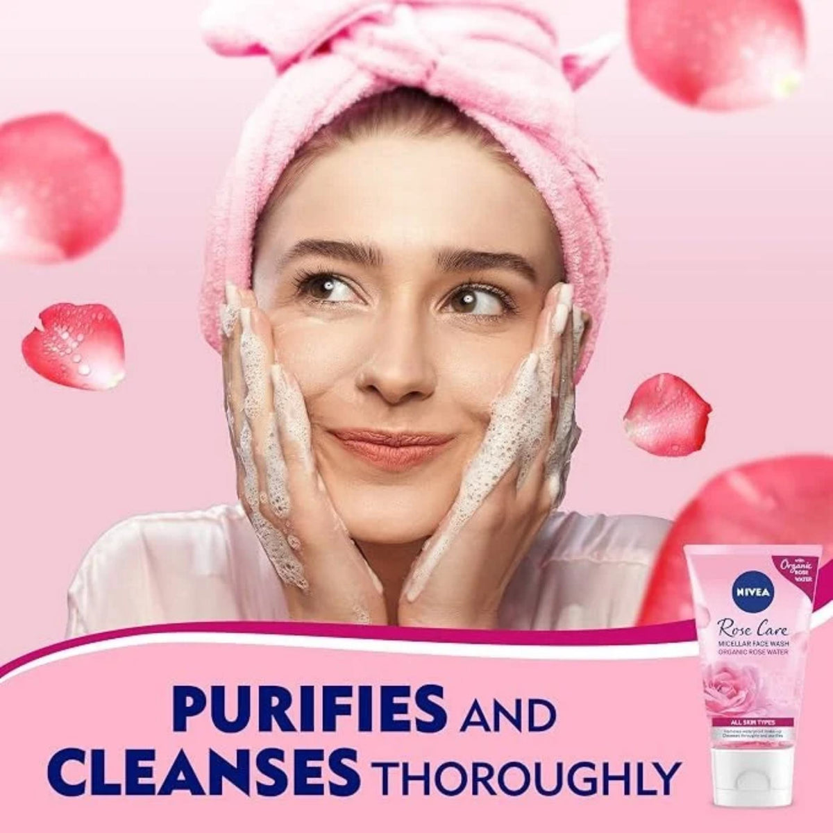 Refect Beauty Nivea Rose Water Micellar Wash Cleanser with a woman using the product against a pink floral background