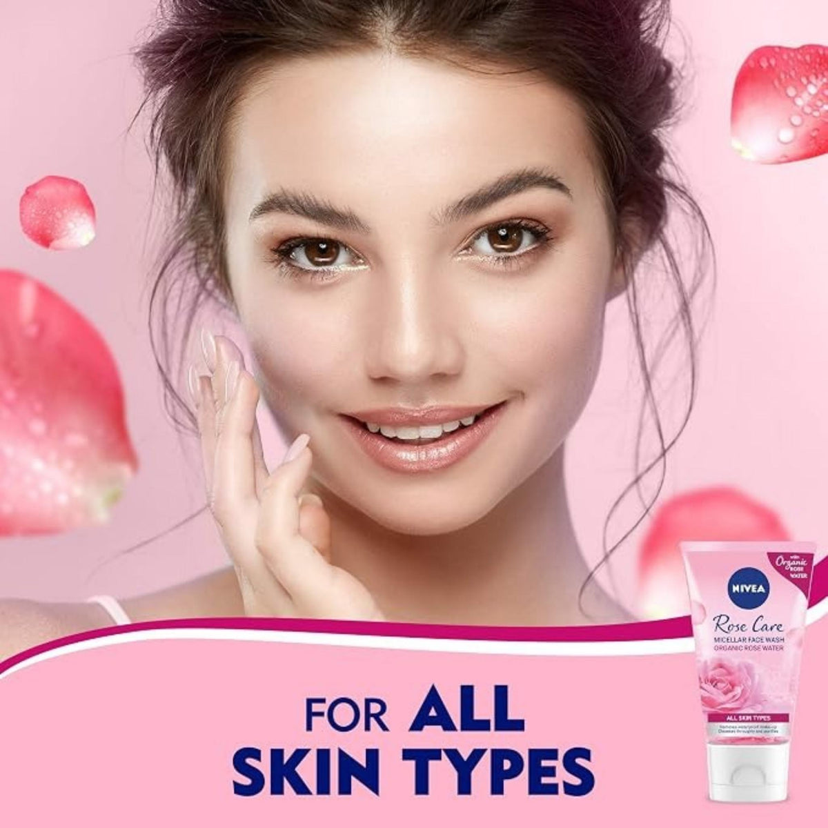 Refect Beauty Nivea Rose Water Micellar Wash Cleanser for all skin types with a smiling woman and rose petals