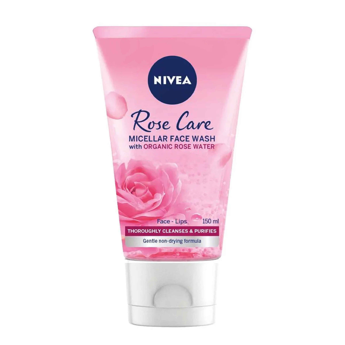 Refect Beauty Nivea Rose Care micellar face wash in a pink tube with organic rose water for gentle skin cleansing.