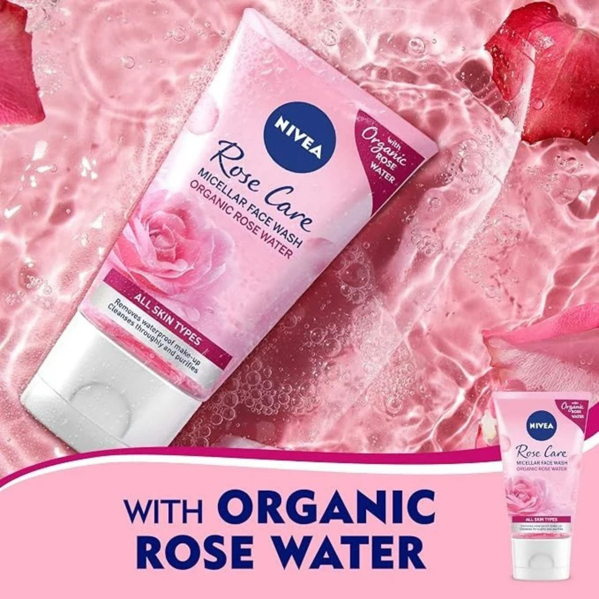 Refect Beauty Nivea Rose Care micellar face wash with organic rose water in a pink bottle against a water splash