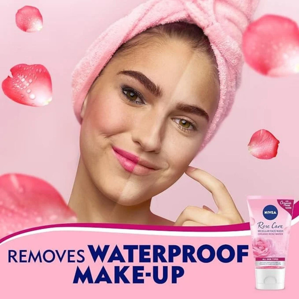 Refect Beauty model demonstrating Nivea Rose Water Micellar Wash Cleanser with half-cleansed face and rose petals
