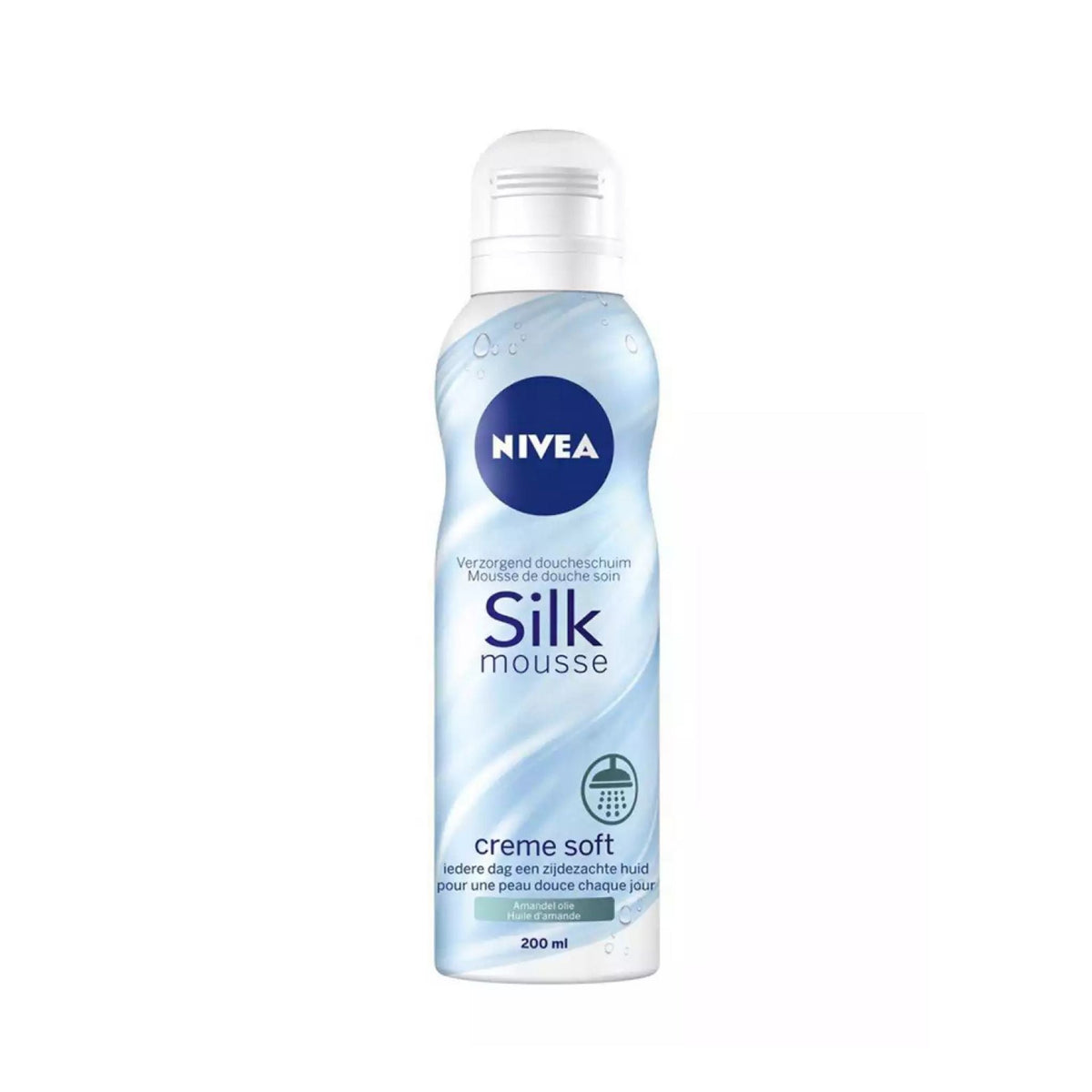 Refect Beauty Nivea Silk Mousse shower gel in a 200ml blue and white aerosol bottle for soft, nourished skin.