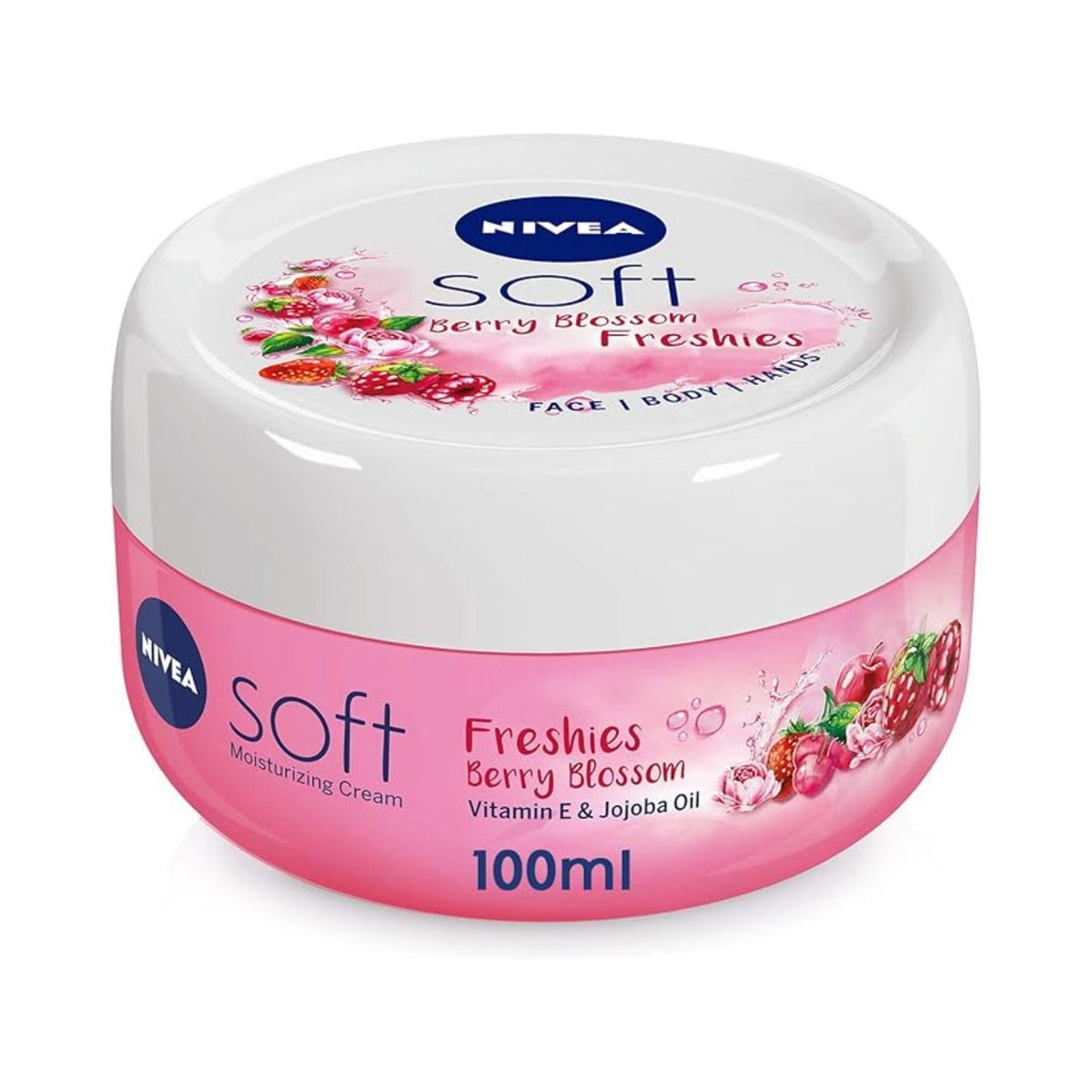 Refect Beauty Nivea Soft Freshies Berry Blossom moisturizing cream in a 100ml pink jar with berry and floral graphics.