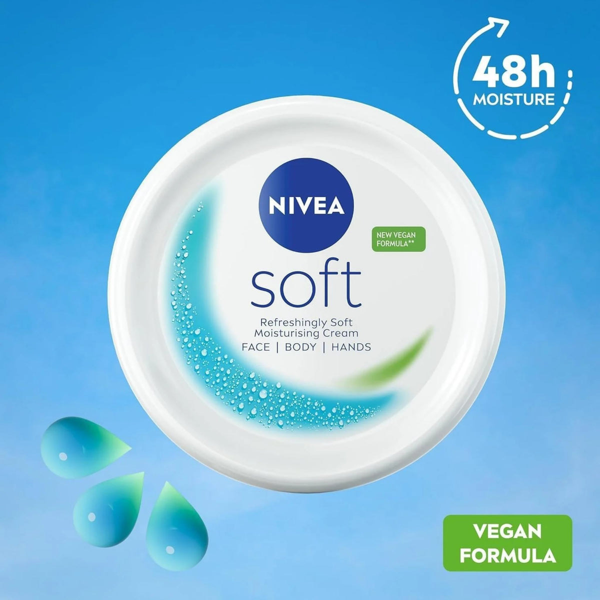 Refect Beauty Nivea Soft refreshing and moisturizing cream in a white tub with 48h moisture and vegan formula label