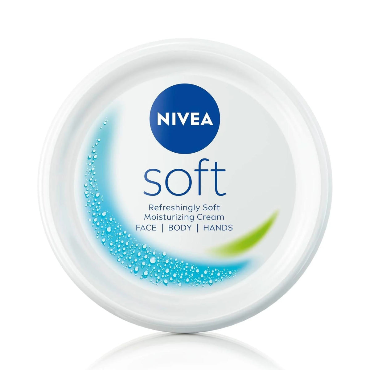 Refect Beauty Nivea Soft moisturizing cream in a white tub with blue branding, Vitamin E, and Jojoba oil.