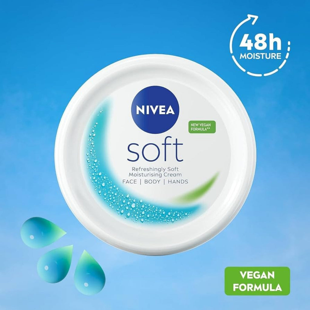 Refect Beauty Nivea Soft Refreshing Moisturizing Cream in a white tub with 48h moisture and vegan formula labels