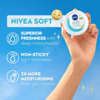 Refect Beauty Nivea Soft moisturizing cream jar held against a blue sky background with product benefit icons