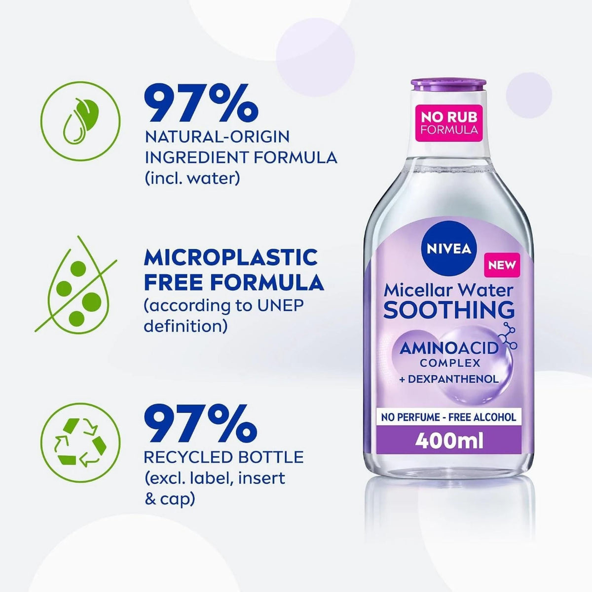 Refect Beauty Nivea Soothing Micellar Water 400ml bottle with natural-origin, microplastic-free, and recycled formula.