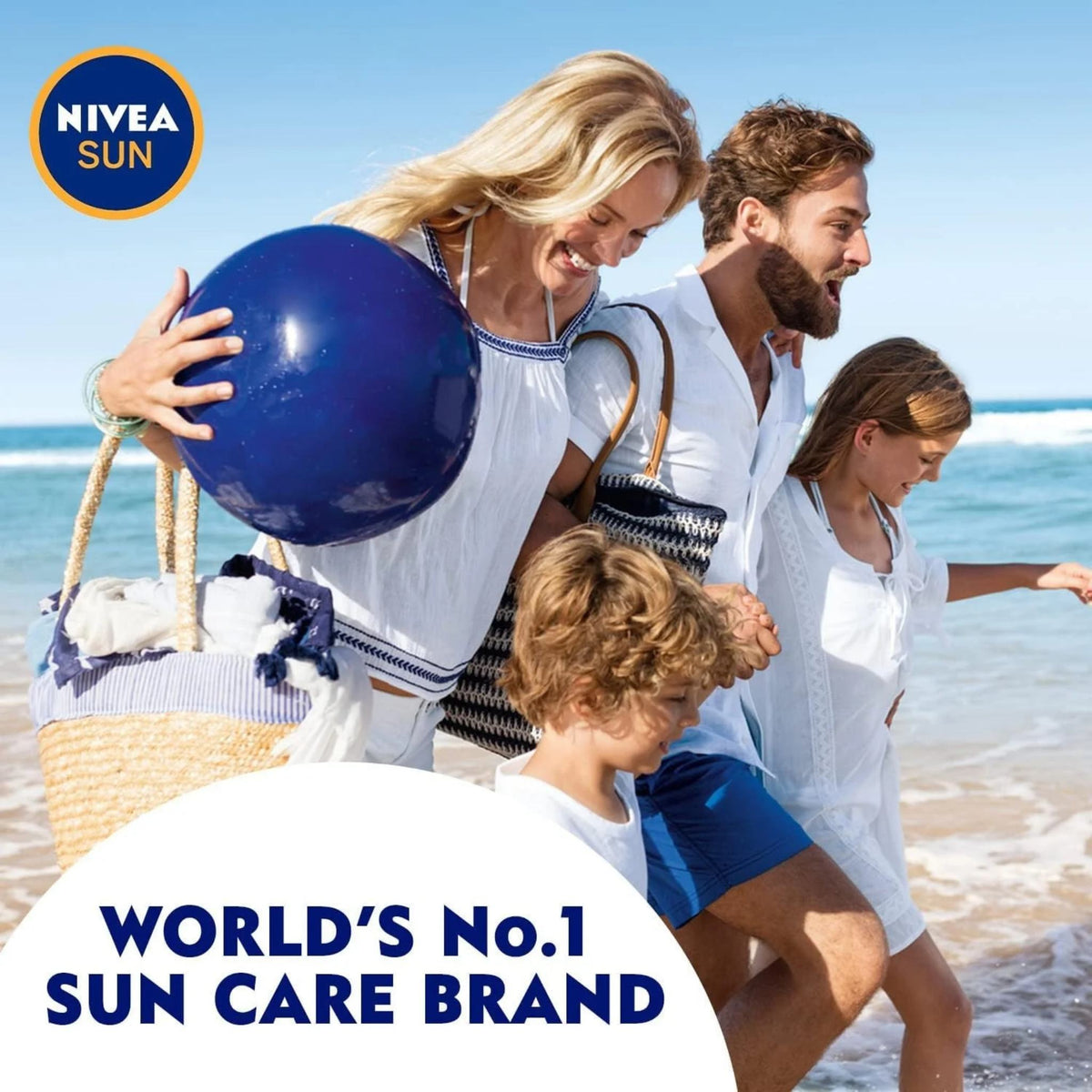 Refect Beauty family walking on the beach with a blue ball, representing Nivea Sun moisture after sun lotion care.