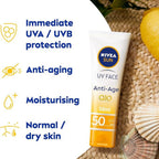 Refect Beauty Nivea Sun Anti-Age Q10 SPF 50 face cream tube with icons highlighting UV protection and skin benefits