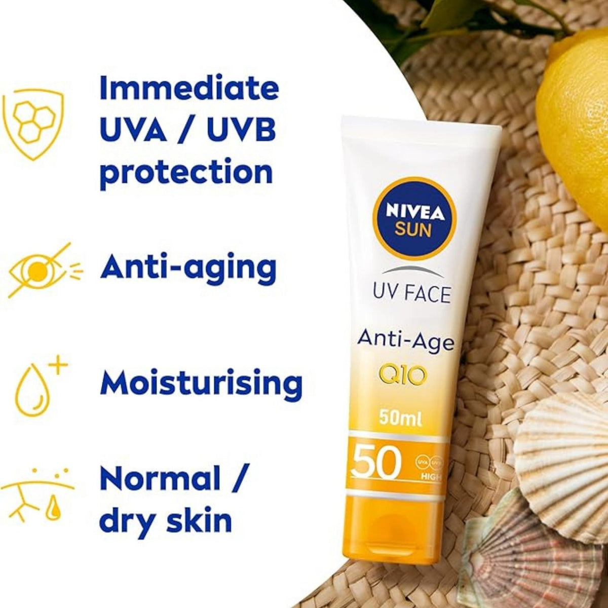 Refect Beauty Nivea Sun Anti-Age Q10 SPF 50 face cream tube with icons highlighting UV protection and skin benefits