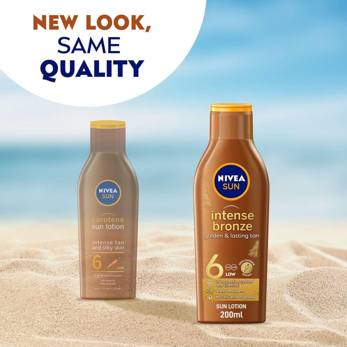 Refect Beauty Nivea Sun Carotene SPF 6 tanning lotion bottles on a sandy beach with a blurred ocean background.