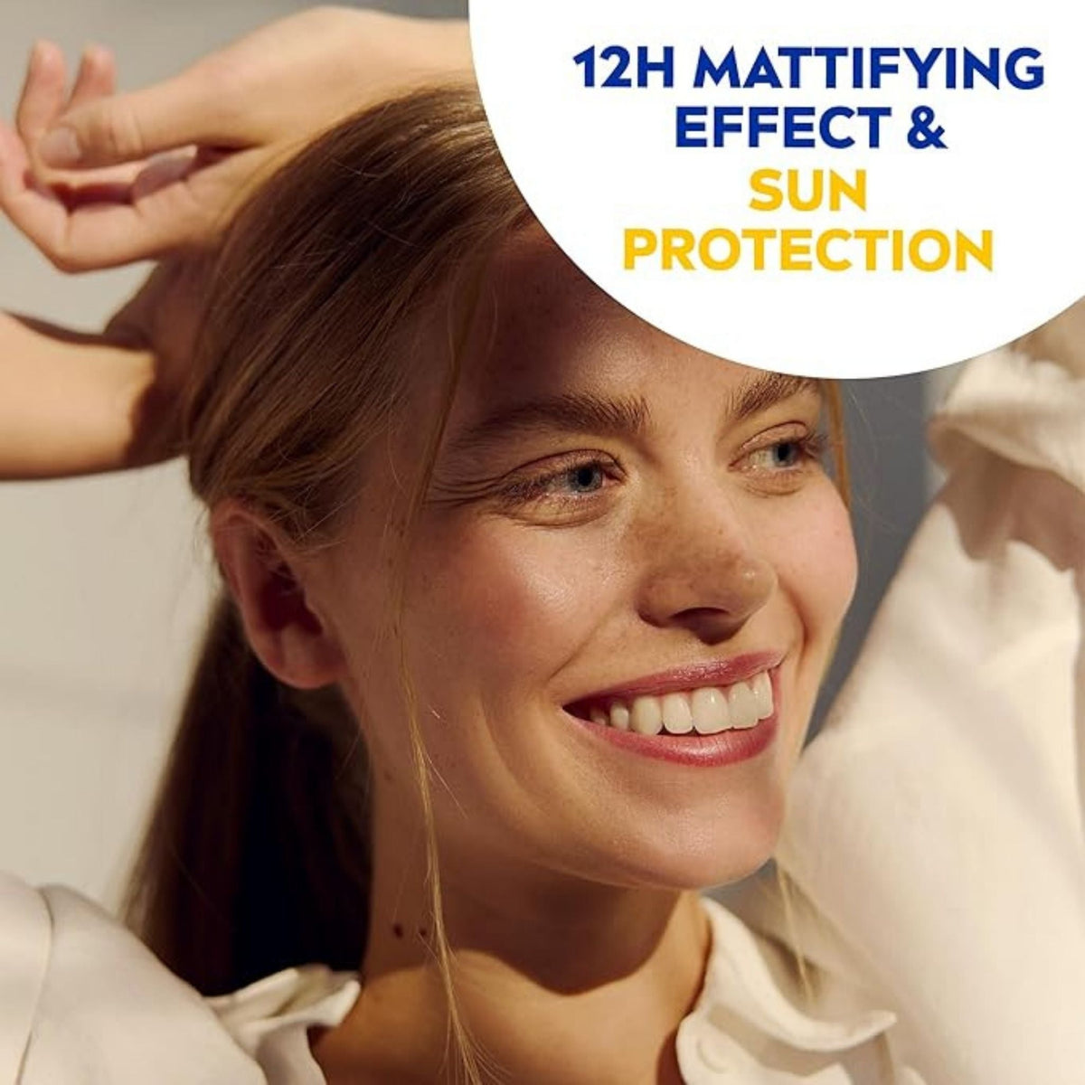 Refect Beauty Nivea Sun Face Cream SPF 50 providing a 12-hour mattifying effect on a smiling woman's skin