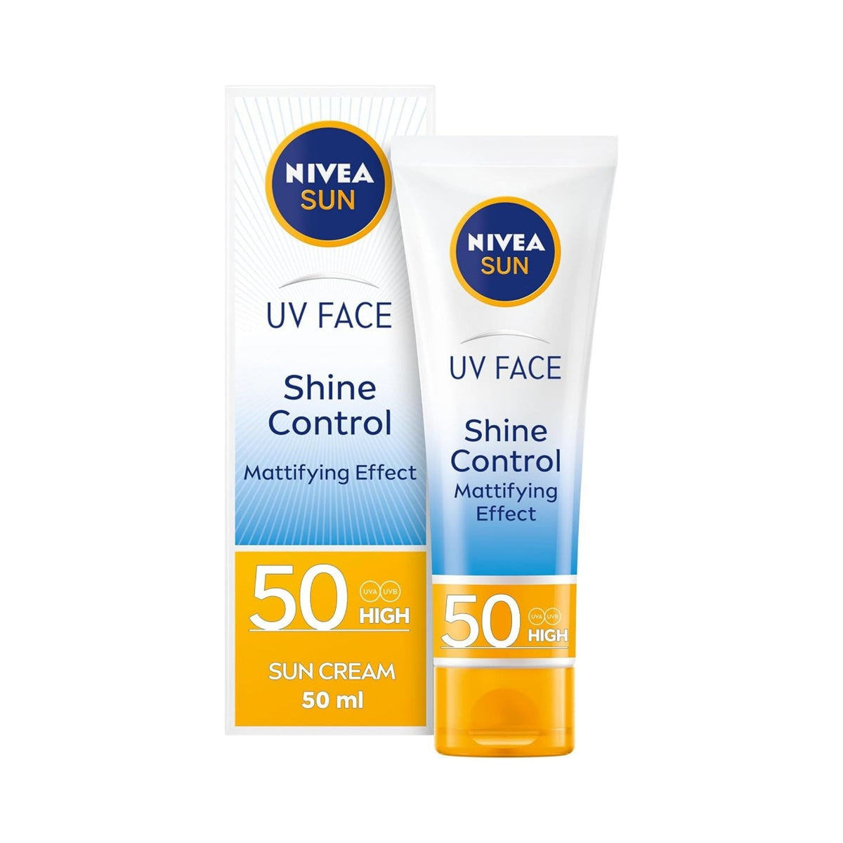 Refect Beauty Nivea Sun Face Cream Shine Control SPF 50 in a white and yellow tube with matching product box.
