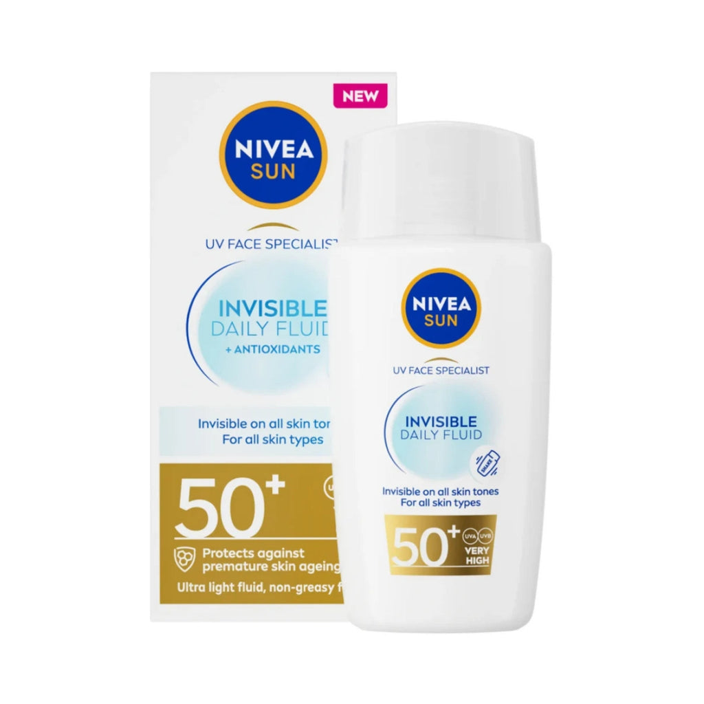 Refect Beauty Nivea Sun UV Face Specialist SPF 50+ invisible daily fluid sunscreen bottle and packaging box