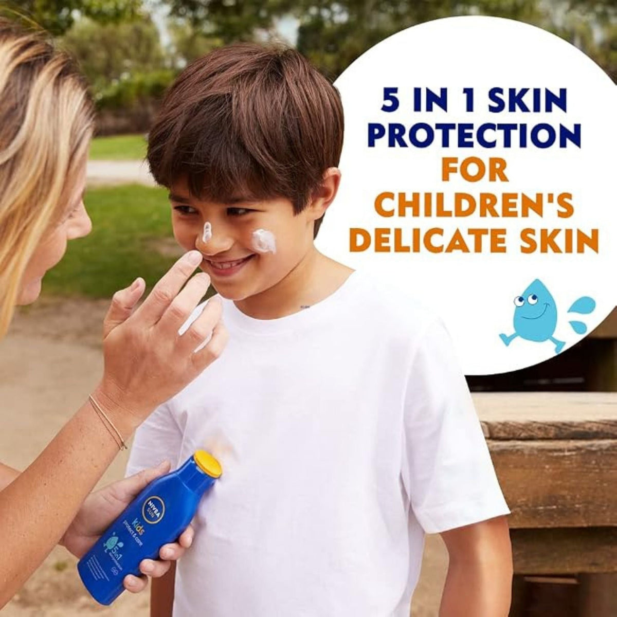 Refect Beauty Nivea Sun Kids SPF 50+ lotion being applied to a young boy's face for gentle sun protection