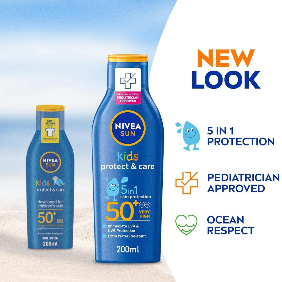 Refect Beauty Nivea Sun Kids Protect & Care SPF 50+ sunscreen lotion bottles with 5-in-1 protection features.