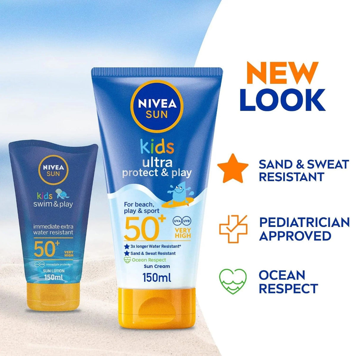 Refect Beauty Nivea Sun Kids Ultra Protect & Play SPF 50+ sunscreen lotion bottles with water-resistant formula