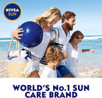 Refect Beauty Nivea Sun SPF 30 lotion used by a happy family walking on the beach for reliable sun protection