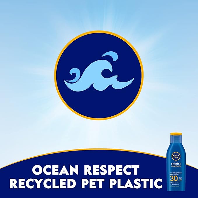 Refect Beauty Nivea Sun Protect and Moisture SPF 30 lotion bottle with ocean respect recycled plastic packaging