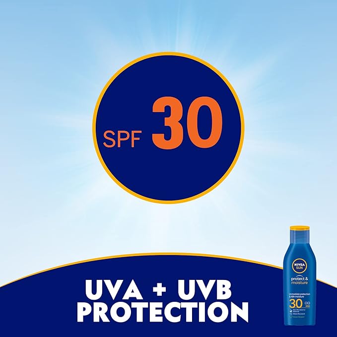Refect Beauty Nivea Sun Protect and Moisture SPF 30 sunscreen lotion bottle with UVA and UVB protection graphic