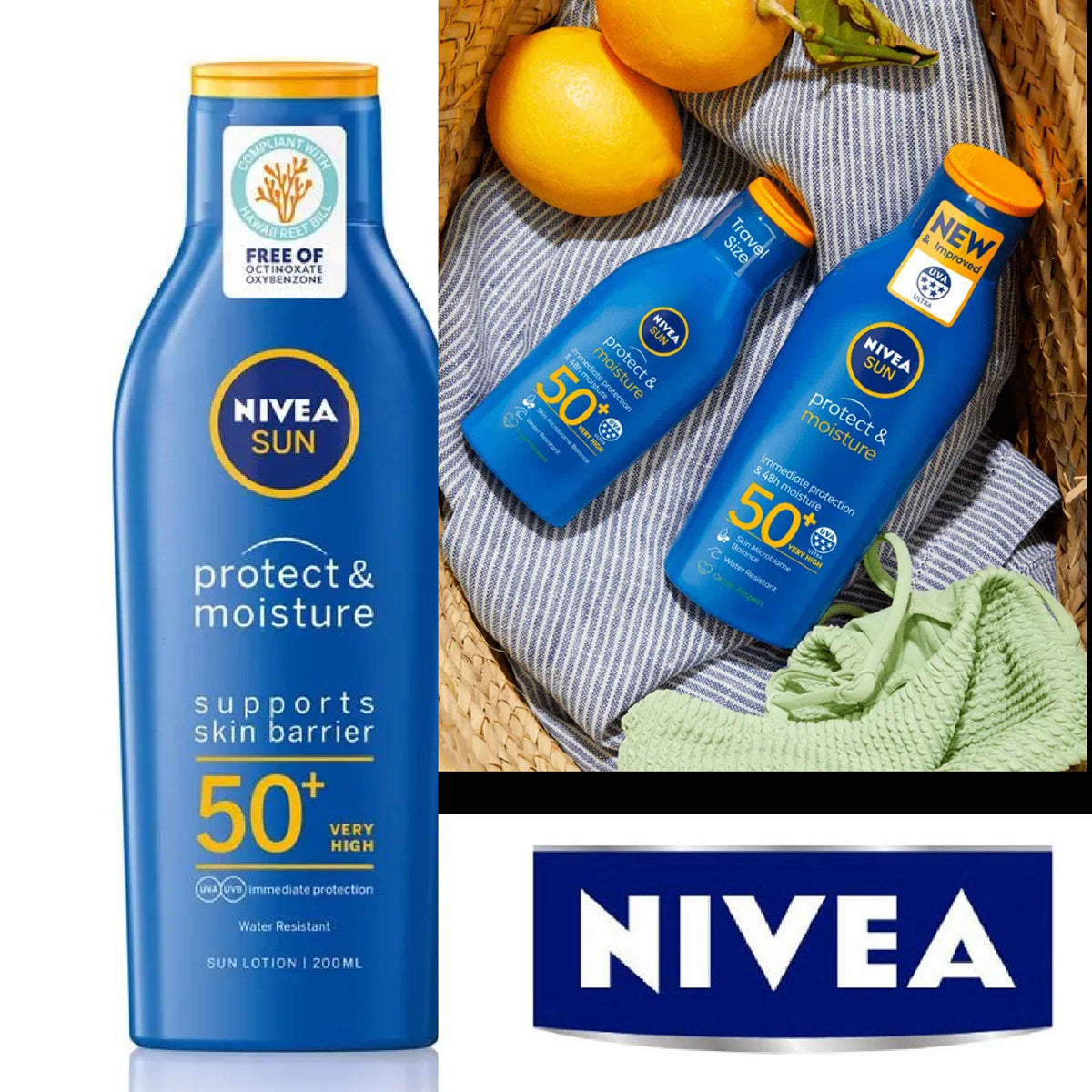 Refect Beauty Nivea Sun Protect & Moisture SPF 50+ sunscreen lotion bottles in a basket with lemons and a towel.