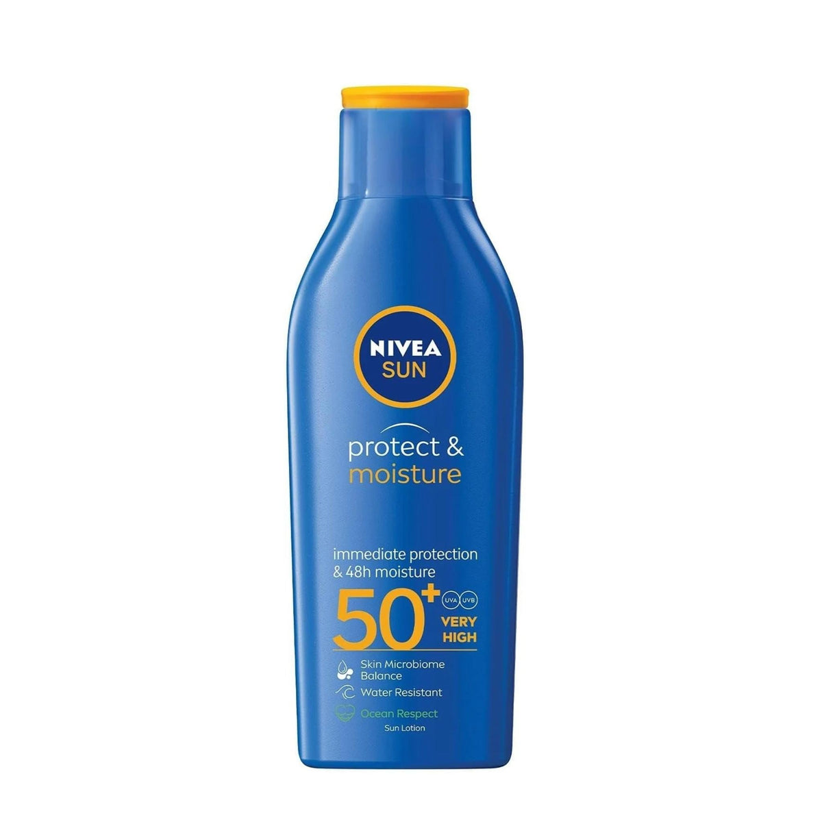 Refect Beauty Nivea Sun Protect & Moisture SPF 50+ sunscreen lotion in a blue bottle with yellow cap