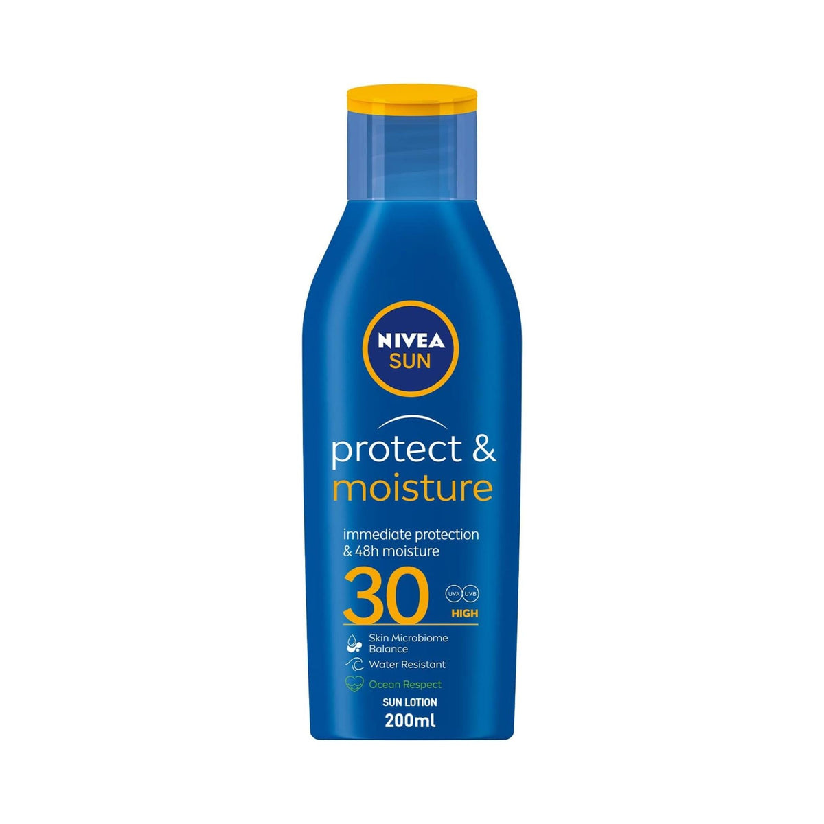 Refect Beauty Nivea Sun Protect and Moisture SPF 30 sunscreen lotion in a 200ml blue bottle for hydration and UV protection