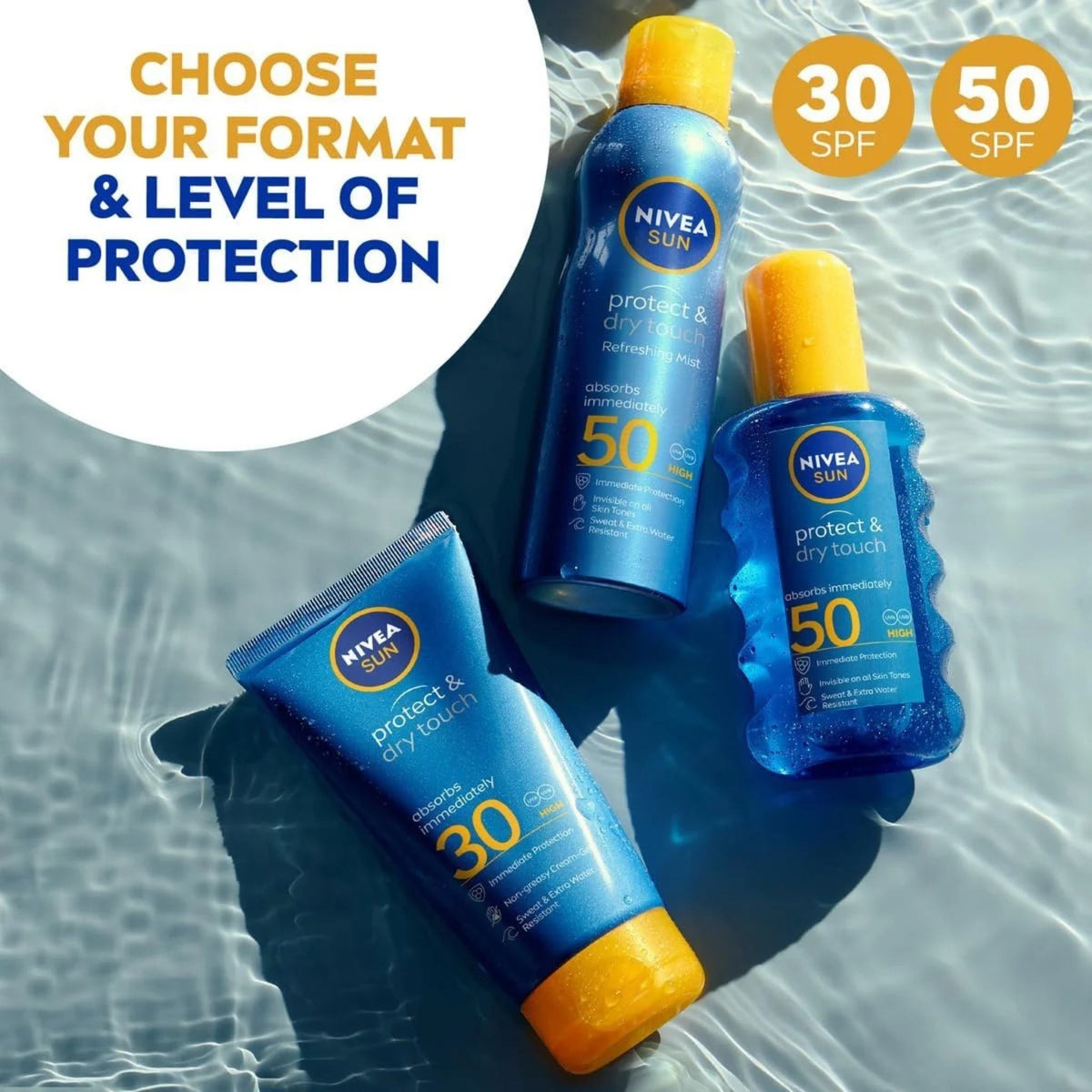 Refect Beauty Nivea Sun Protect & Dry Touch sunscreen range featuring SPF 30 and 50 mist and cream bottles in water.