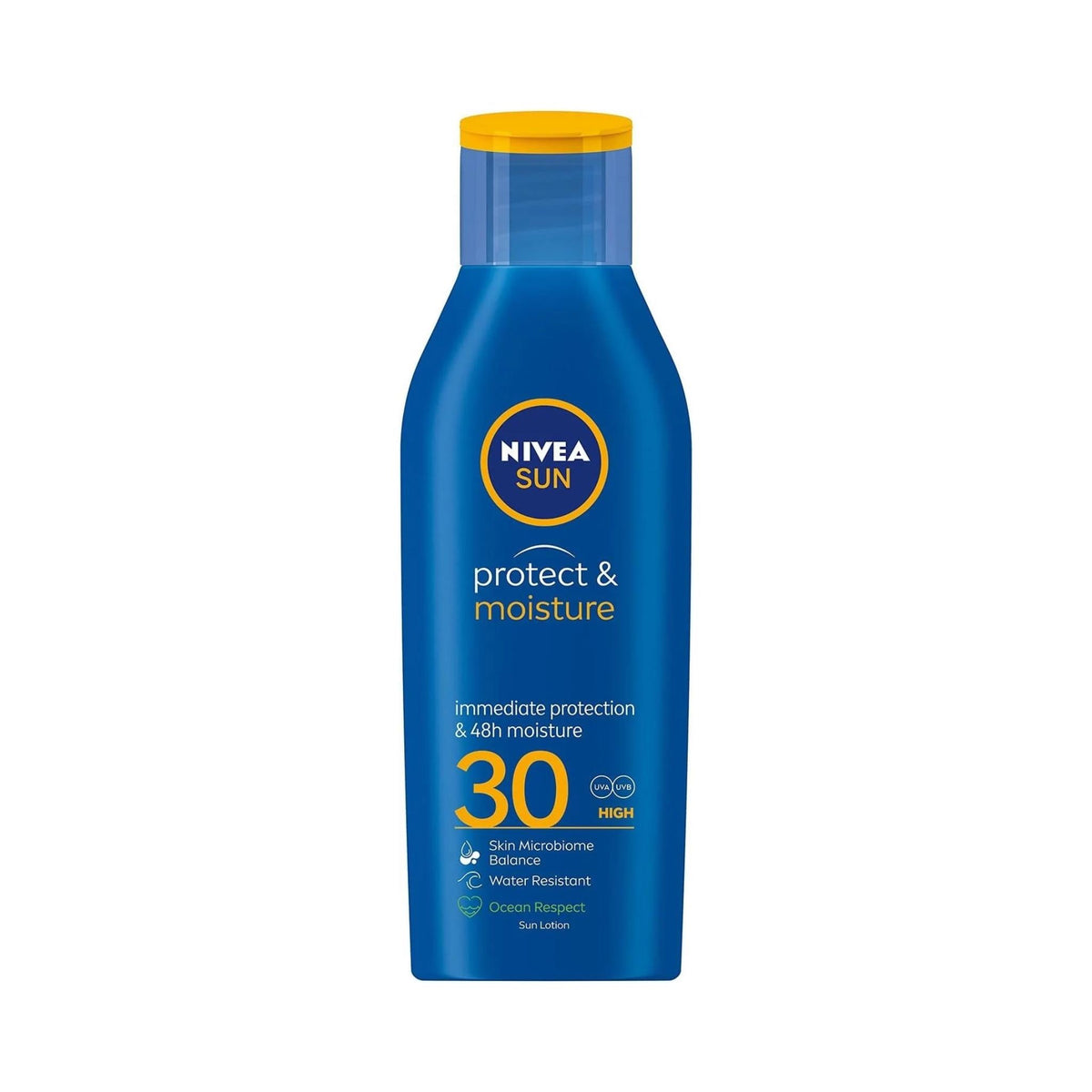 Refect Beauty Nivea Sun Protect & Moisture SPF 30 sunscreen lotion in a blue bottle with a yellow cap